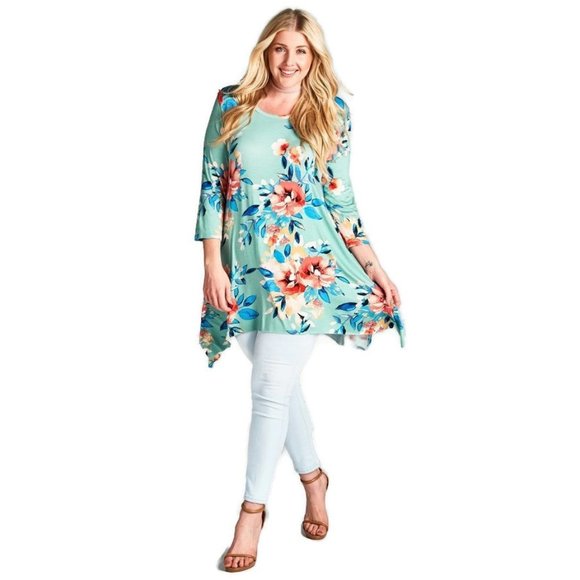 oddi Tops - Oddi Floral Swing Tunic Top, Sage